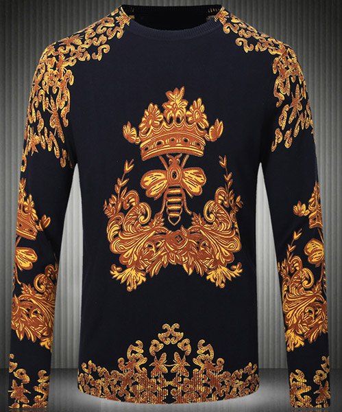 Collar Slim Fit Round Pull à manches longues style chinois Impression chandail pour les hommes - multicolore XL