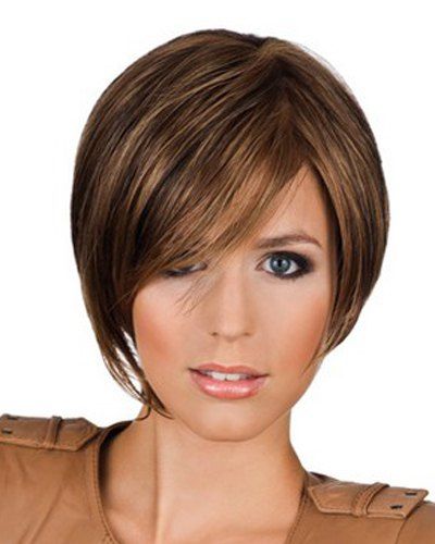 

Elegant Short Straight Brown Mixed Synthetic Side Bang Women's Wig, Deep brown