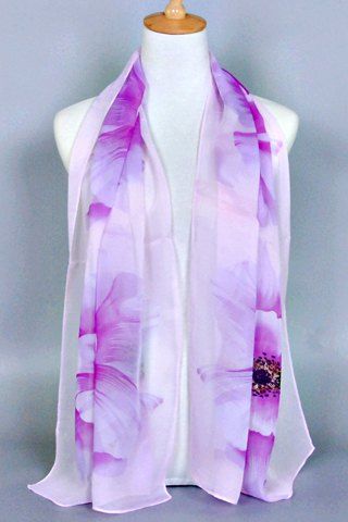 Echarpe en mousseline de soie Chic Big Flower Peinture Motif Femmes - Violet clair 
