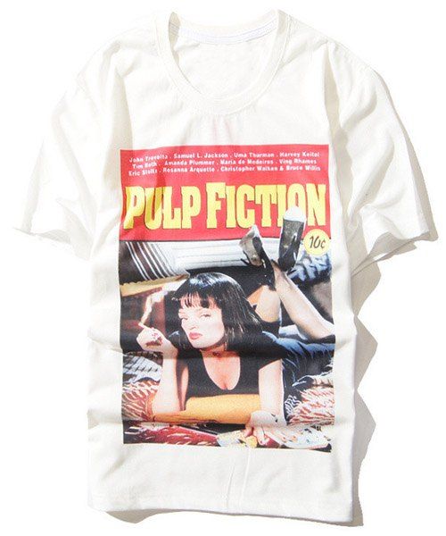 3D Letter and Sexy Girl Print Round Neck Short Sleeve Men's T-Shirt - Blanc XL