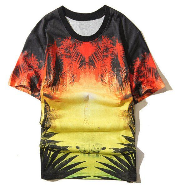 3D Color Block Selva et Giraffe Imprimer ronde T-shirt de cou à manches courtes hommes - multicolore XL