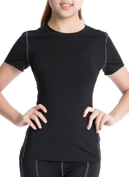Sweatshirt simple col rond manches courtes skinny femmes - Noir S