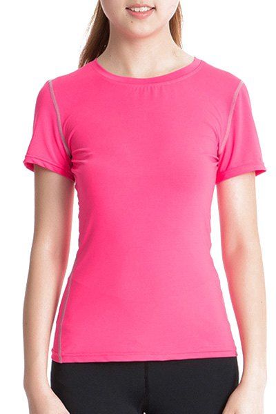 Sweatshirt simple col rond manches courtes skinny femmes - Rose S