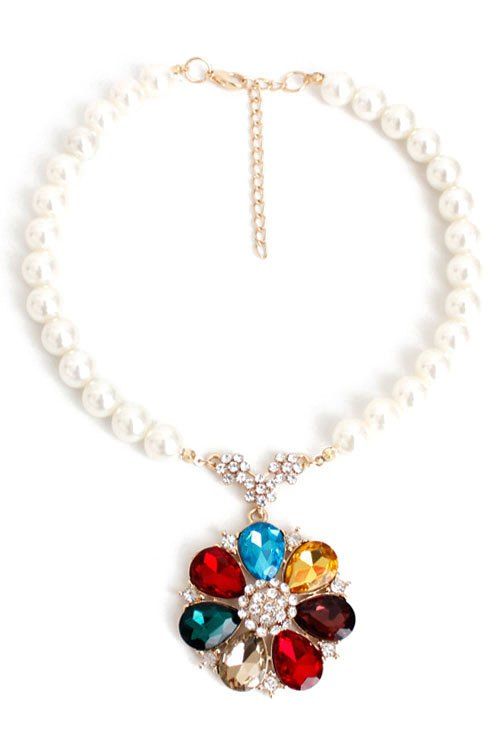 Élégant Faux collier de perles Fleur strass pour les femmes - multicolore 
