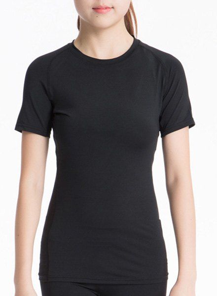 Simple col rond manches courtes solide T-shirt couleur femme - Noir XL