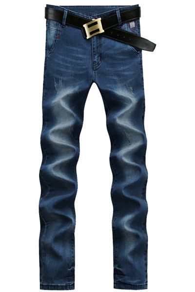 Straight Leg Bleach Wash Cat's Whisker Design Zipper Fly Men's Jeans - Bleu 29