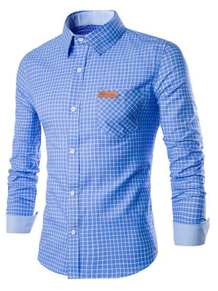 Turn-Down Collar manches longues Slimming Vérifié shirt en cuir Tag hommes - Bleu XL