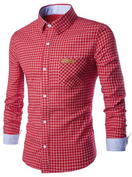 

Turn-Down Collar Long Sleeve Slimming Checked Leather Tag Men's Shirt, Red