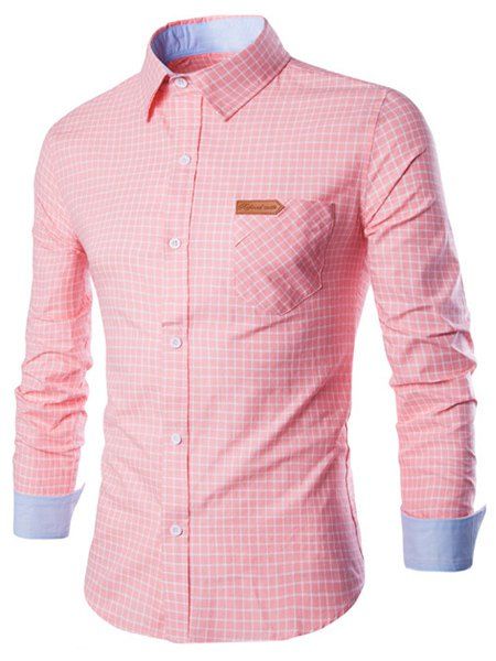 

Turn-Down Collar Long Sleeve Slimming Checked Leather Tag Men's Shirt, Pink