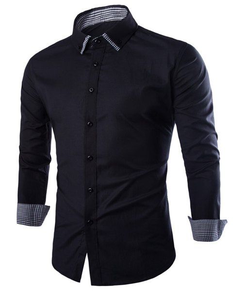 Slimming Double Lapel Plaid Spliced Men's Long Sleeves Shirt - Noir M
