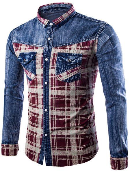 Turn Down Collar Single Breasted Plaid Denim Shirt For Men - Rouge vineux L