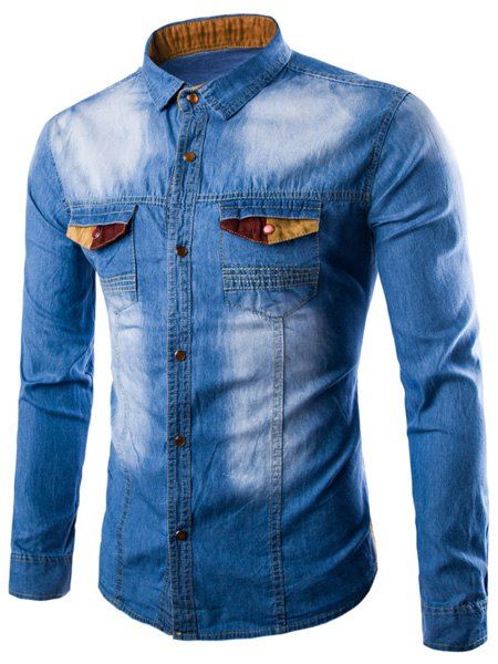 Turn Down Collar Single Breasted Denim Shirt For Men - Bleu clair M