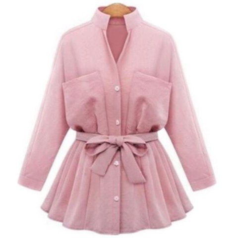 Graceful Stand-Up Collar manches longues Blouse Couleur unie bowknot Belted femmes - Rose 2XL