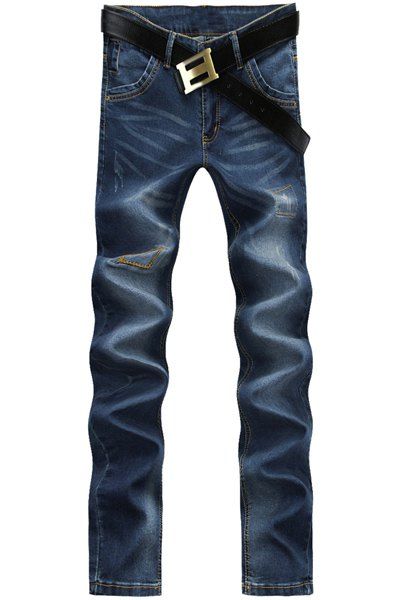 Straight Leg Bleach Wash Cat's Whisker Ripped Design Zipper Fly Men's Jeans - Bleu 28