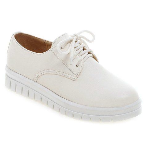 Concise PU Leather and Lace-Up Design Women's Flat Shoes - Blanc 36