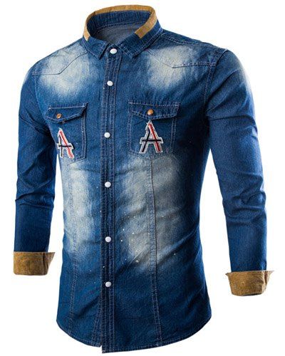 Turn Down Collar Letter Printed Single Breasted Denim Shirt For Men - Bleu profond XL