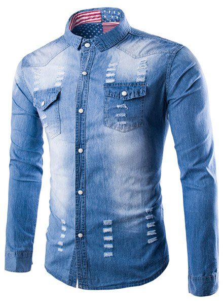 Tournez-Down Whisker Flag Design Collier de chat Doublure Denim shirt manches longues hommes - Bleu clair XL