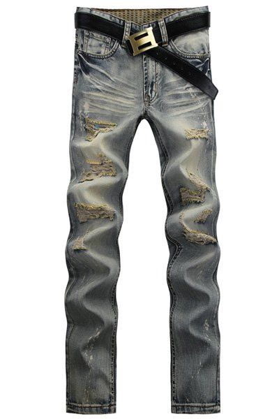 Jambe droite Bleach Wash Worn-Out Design Zipper Fly Jeans - Gris 30