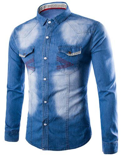 Turn Down Collar Pocket Single Breasted Denim Shirt For Men - Bleu 3XL