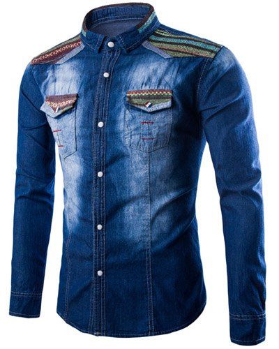 Turn Down Collar Chest Pocket Single Breasted Denim Shirt For Men - Bleu clair L