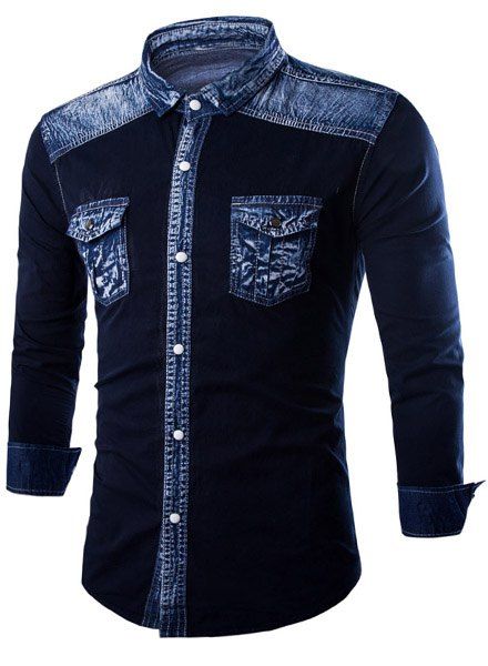 Turn-Down Collar Long Sleeve Denim Splicing Design Men's Shirt - Cadetblue M