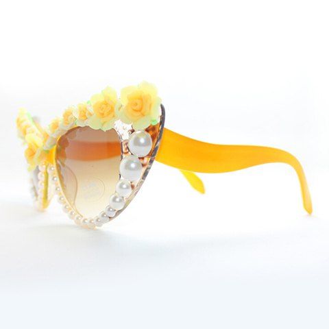 Chic Yellow Flower and Faux Pearl Embellished Summer Women's Sunglasses - Orange 