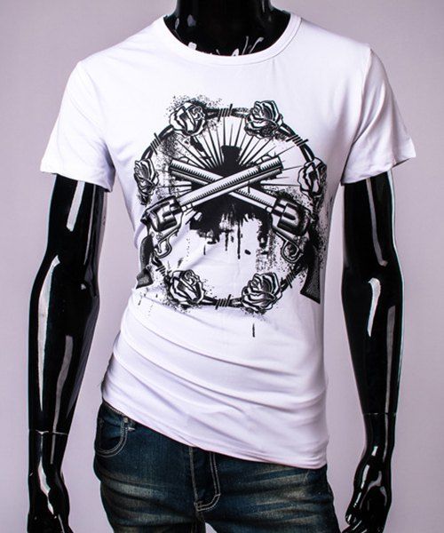 T-shirt Homme Imprimé Fusil et Rose 3D à Col Rond à Manches Courtes - Blanc M