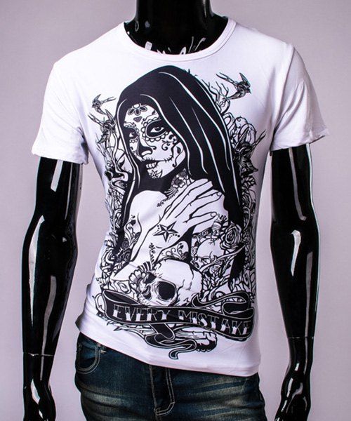 T-Shirt à Imprimé Crâne et Fille de Tatouage 3D à Col Rond et à Manches Courtes pour Homme - Blanc M