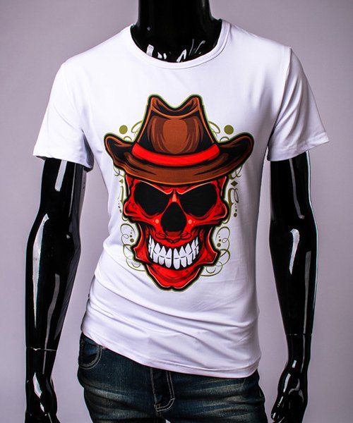 Chapeau de crâne 3D Imprimer ronde T-shirt de cou à manches courtes hommes - Blanc XL