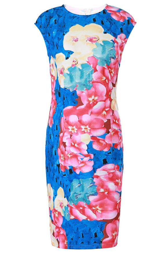 Elegant Jewel Neck Sleeveless Flower Pattern Slimming Women's Prom Dress - Bleu et Rose XL