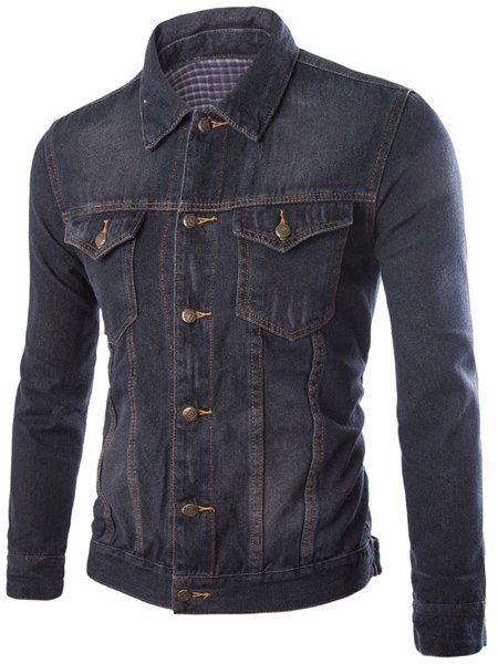 Slim Fit Turn Down Collar Single Breasted Denim Jacket For Men - Noir XL