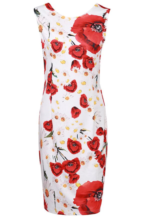 Robe de bal élégante Jewel Neck manches motif fleur Sheathy femmes - Rouge et Blanc S
