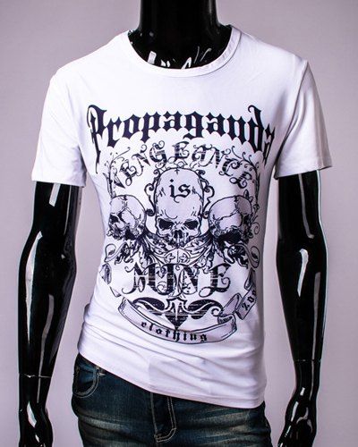 3D Lettres et Skulls Imprimer ronde T-shirt de cou à manches courtes hommes - Blanc M