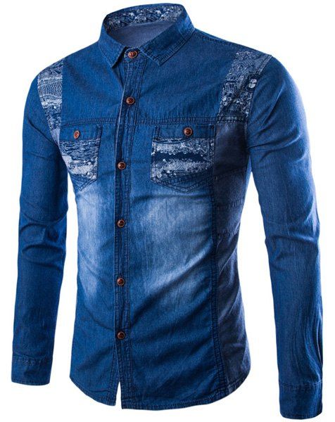 Modish Turn-Down Collar Printed Long Sleeve Men's Denim Shirt - Bleu profond L