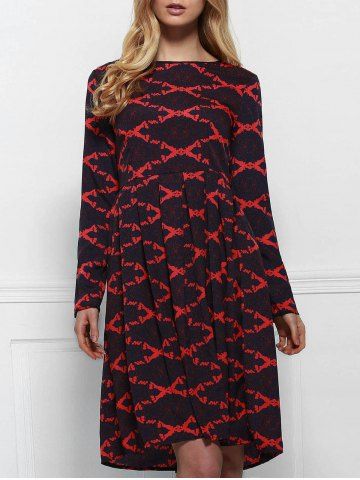 Retro Style Rhombus Printed High Waist Long Sleeve Ball Gown Dress For Women