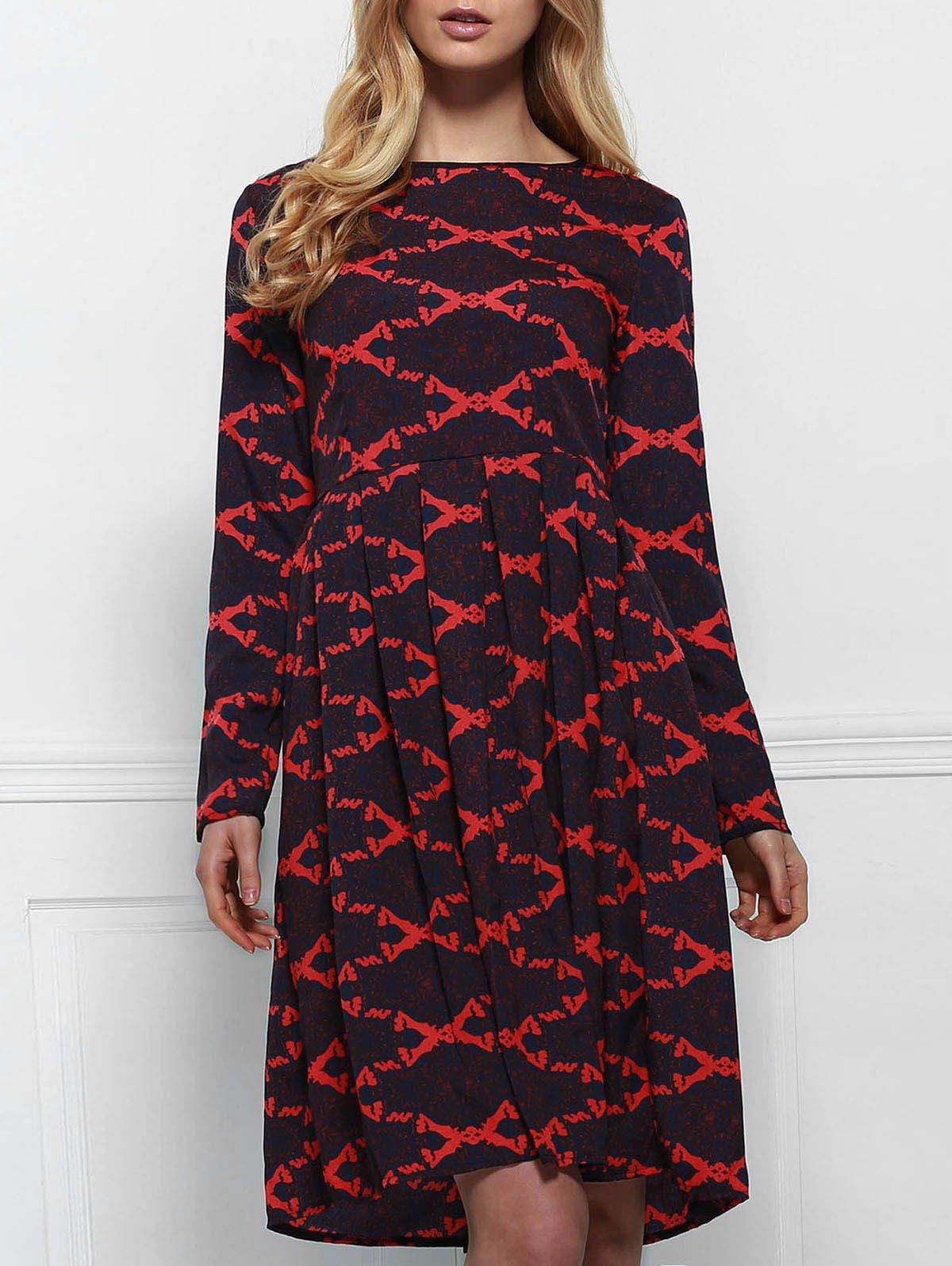 Retro Style Rhombus Printed High Waist Long Sleeve Ball Gown Dress For Women - DEEP RED M