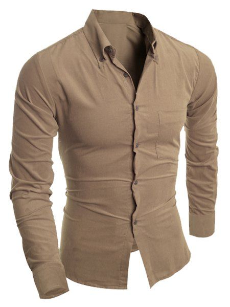 

Turn-Down Collar Slimming Long Sleeve Button-Down Corduroy Men's Shirt, Khaki
