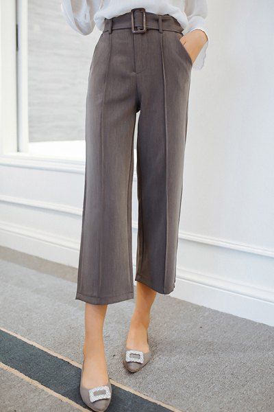 Trendy taille haute ample cheville Pantalons Pure Color Femmes - Gris M