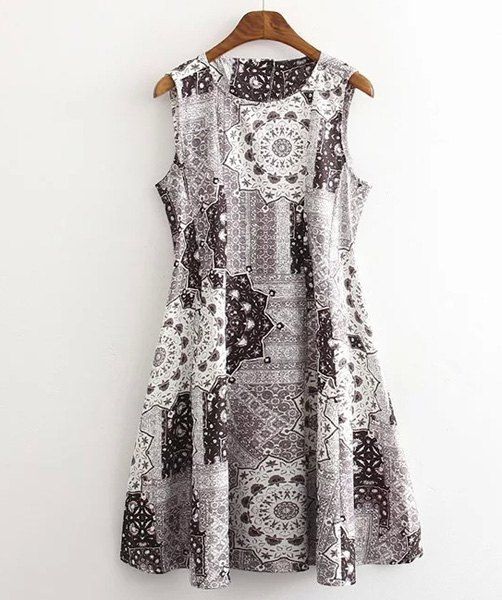 Vintage Sleeveless Round Neck Printed Women's Dress - Gris et Blanc S