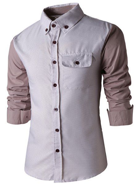 Turn-Down Collar Slimming Long Sleeve Splicing Design Button-Down Men's Shirt - KHAKI 2XL