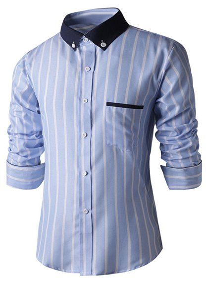 

Turn-Down Collar Slimming Long Sleeve Vertical Stripe Button-Down Men's Shirt, Light blue