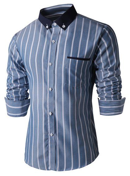 

Turn-Down Collar Slimming Long Sleeve Vertical Stripe Button-Down Men's Shirt, Deep blue