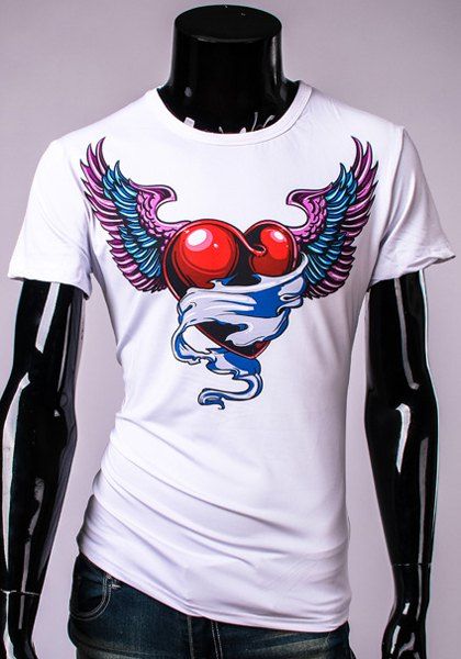 Modish Round Neck Heart Shape Wings Pattern Short Sleeve Men's T-Shirt - Blanc XL