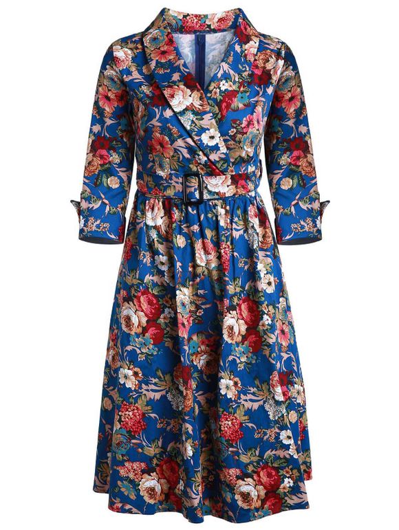 Style vintage à manches 3/4 et col châle motif de fleurs Dress - Bleu profond L