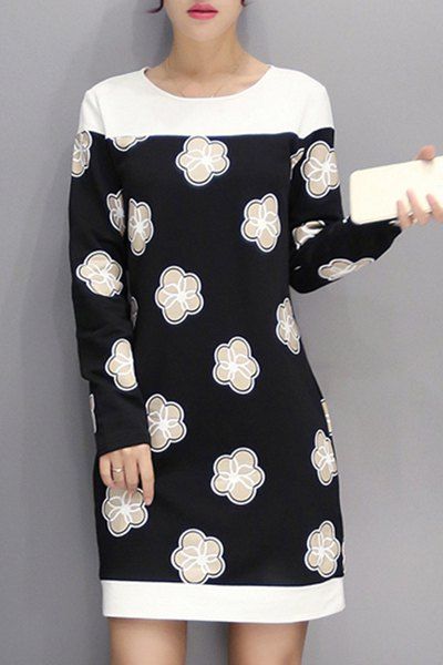 Floral Trendy Imprimer long Scoop manches robe cou pour les femmes - Blanc S