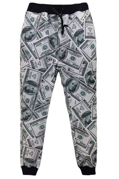 Style Dollar Imprimé Sport Narrow Pieds Hommes lacent Jogging Pantalons longs - Gris et Blanc M