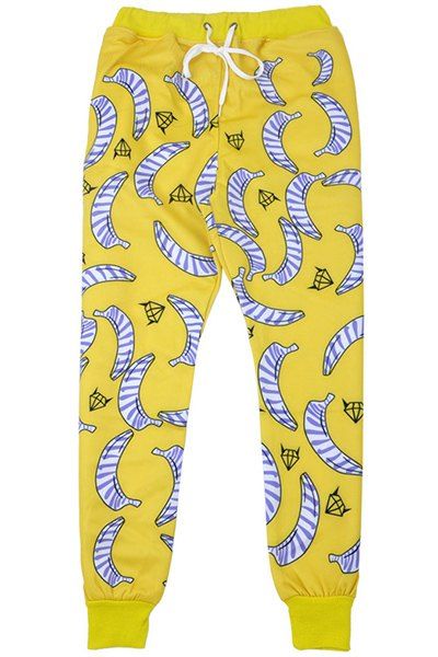 Men's Banana Printed Sports Style Narrow Feet Lace Up Jogging Pants - Jaune M