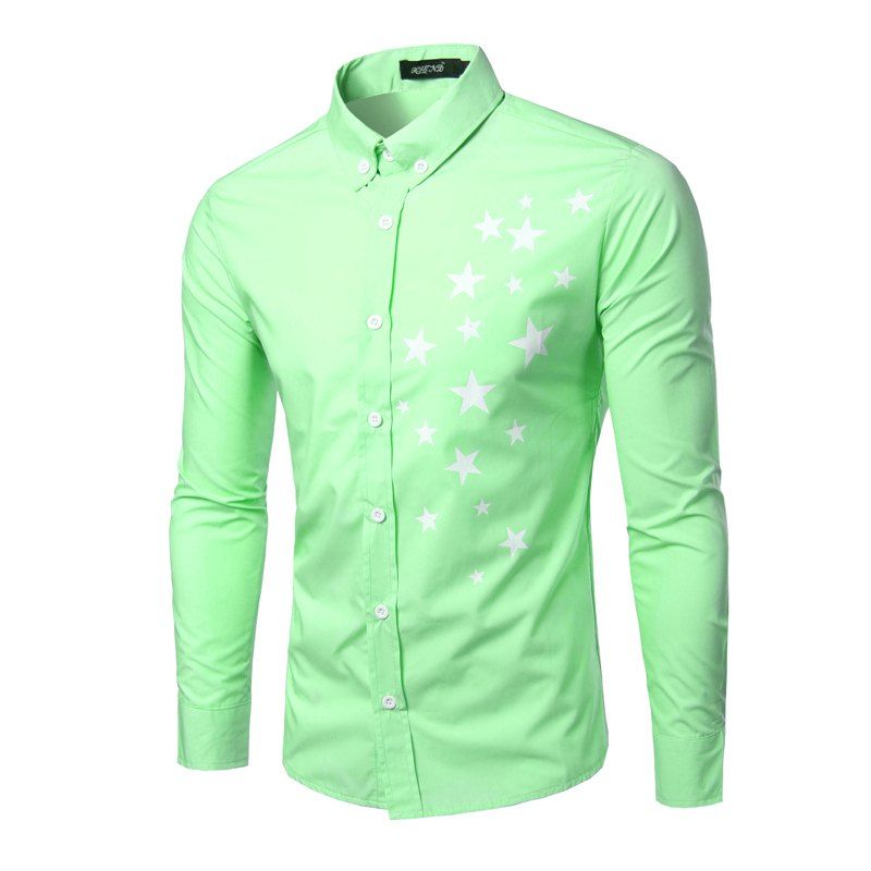 

Fashion Turn Down Collar Long Sleeves Star Printing Shirt For Men, Light green