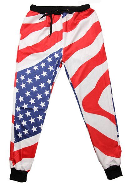Men's Sports Style Flag Printed Narrow Feet Lace Up Jogging Pants - multicolore L