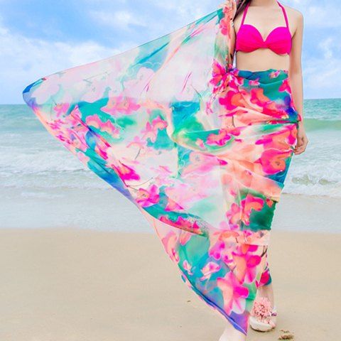 Chic Colorful Flowers Painting Printed Women's Chiffon Sarong - Rose 
